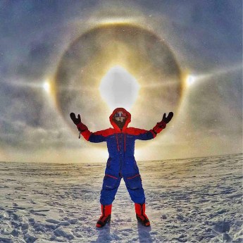 Leo Houlding and a solar corona in the Antarctic - photo credit Berghaus