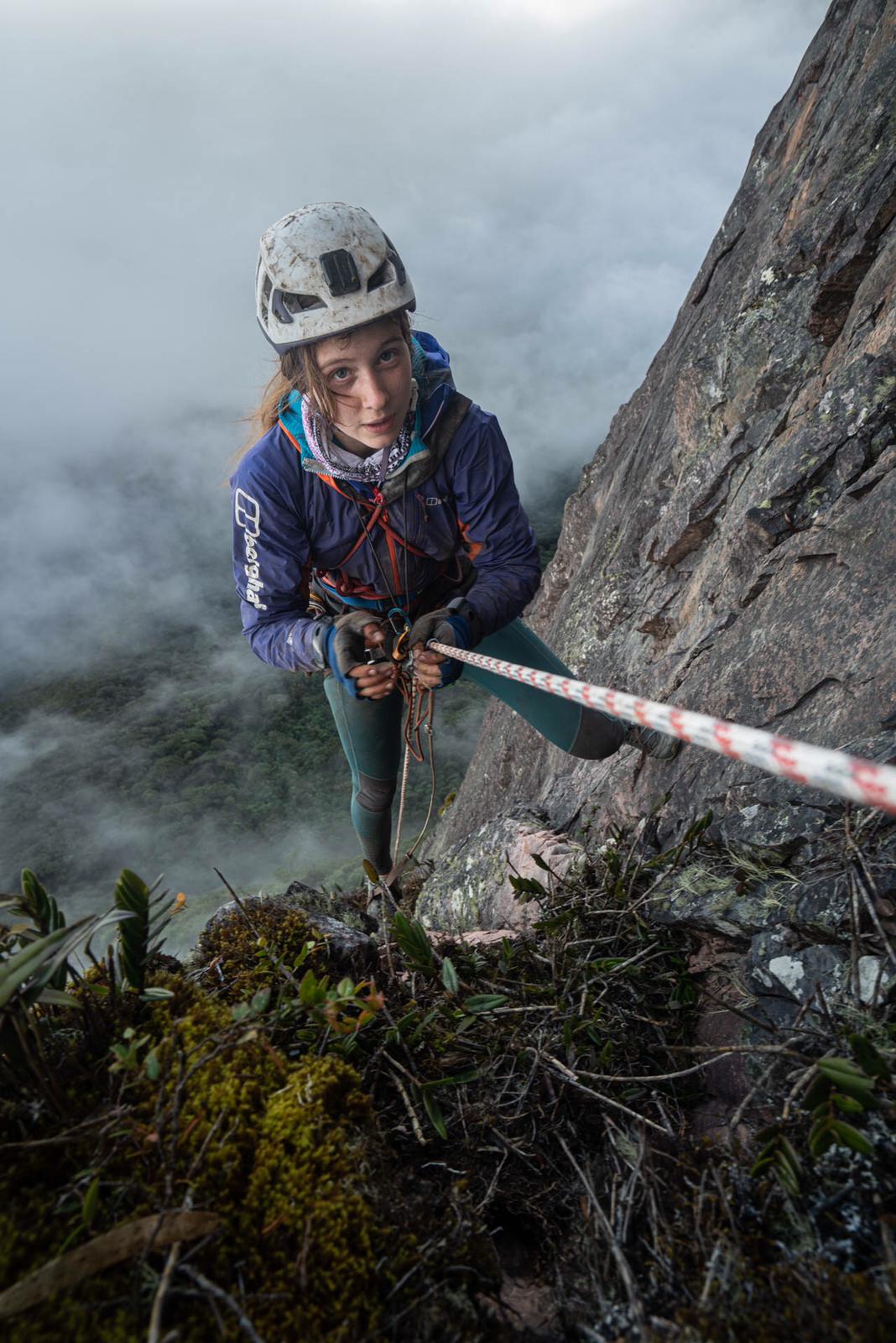 Anna Taylor heads up the fixed lines to Tarantula Terrace - photo Coldhouse Collective & Berghaus